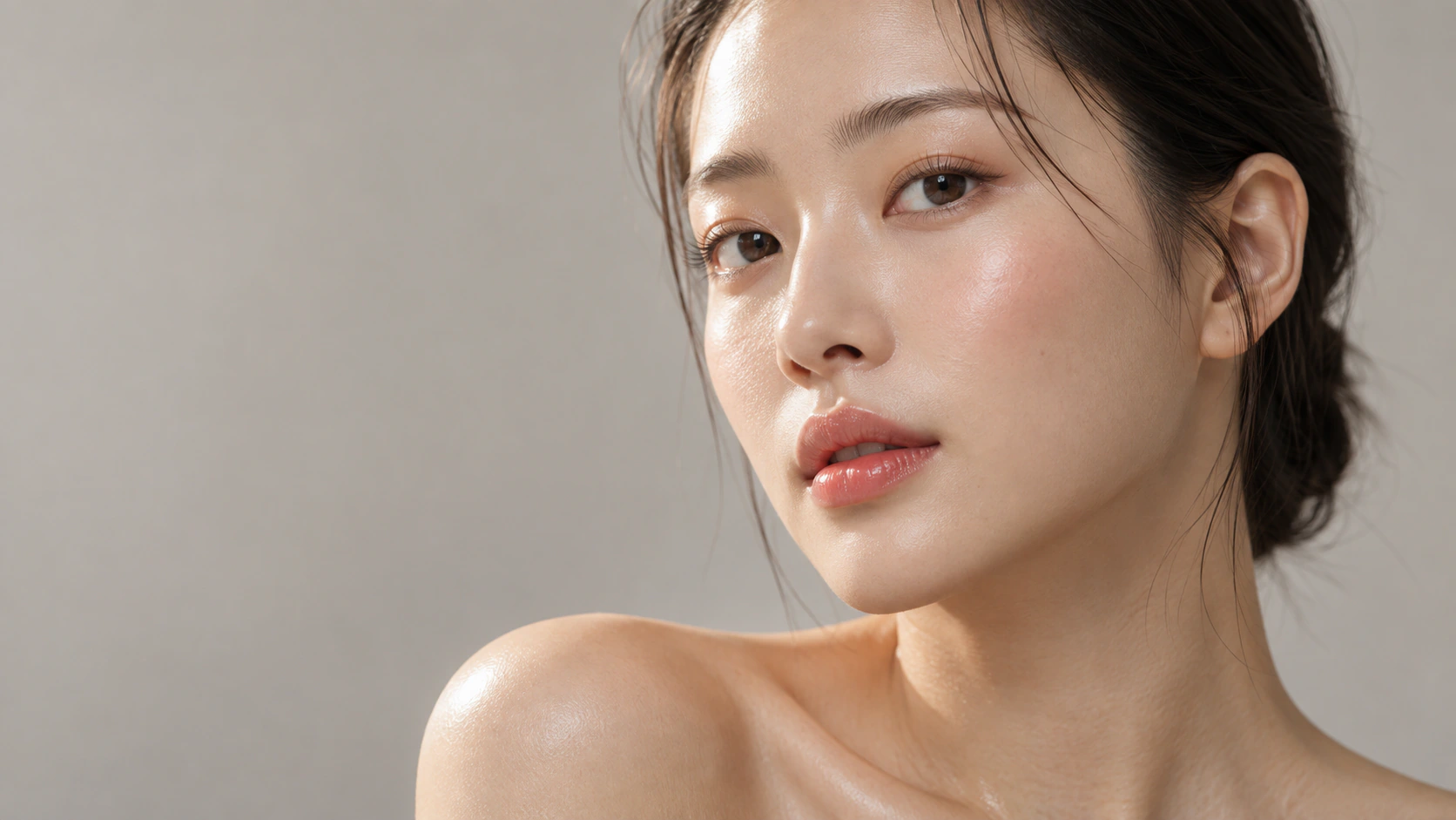 촉촉한 피부에 코랄 립을 바른 모델